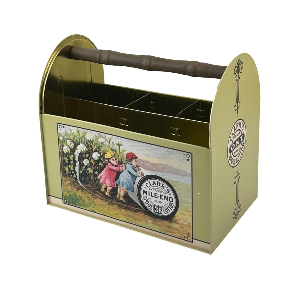 2006 Clarks Mile-End Spool Cotton Tin Sewing Caddy Wood Handle Vase Gardening